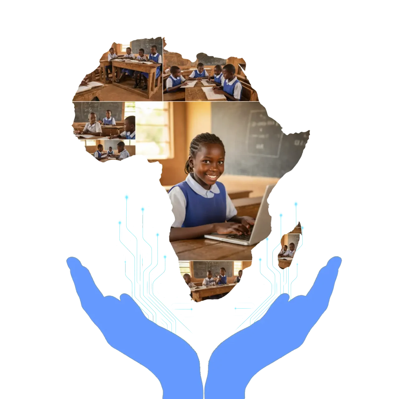 African student smiling while using a donated laptop, featured in the hero banner of Tech On Hand's website promoting digital access in Africa
