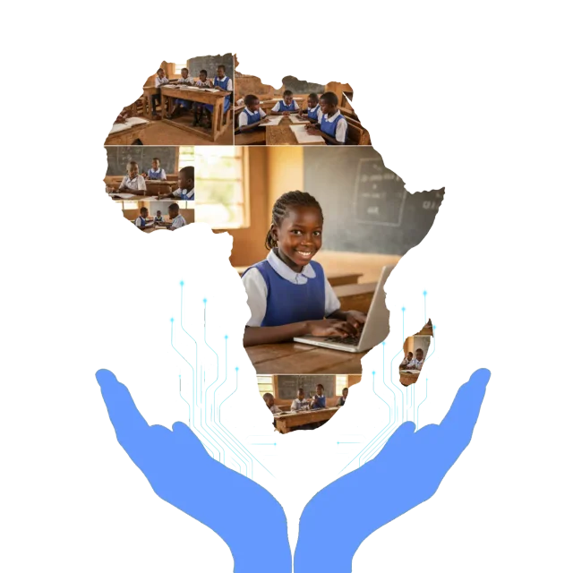 African student smiling while using a donated laptop, featured in the hero banner of Tech On Hand's website promoting digital access in Africa