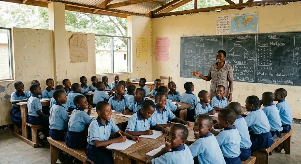 Teacher with students in a classroom representing Tech On Hand's mission to provide educational technology access in Africa